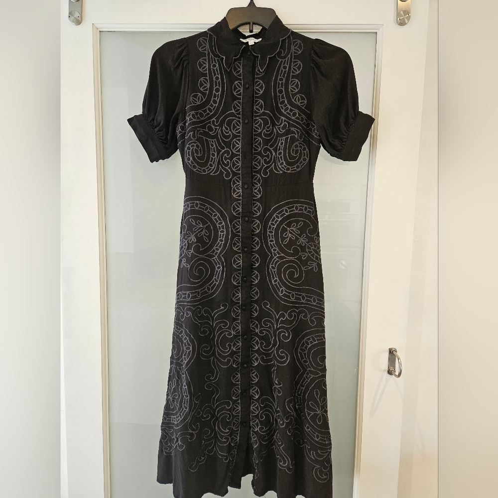 Elegant Black Embroidered Dress.  Flat Friendly.